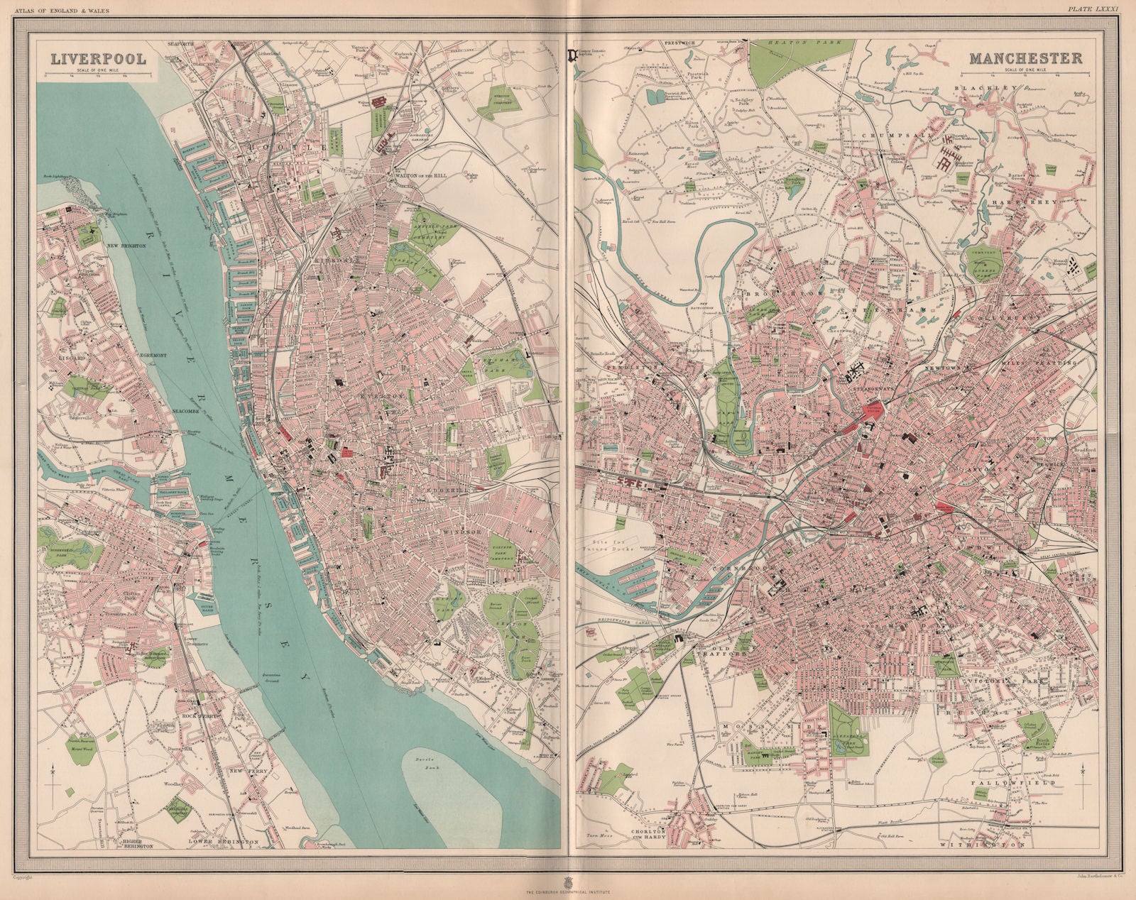 NW ENGLISH CITIES. Plans of Liverpool & Manchester. Birkenhead. LARGE 1903 map